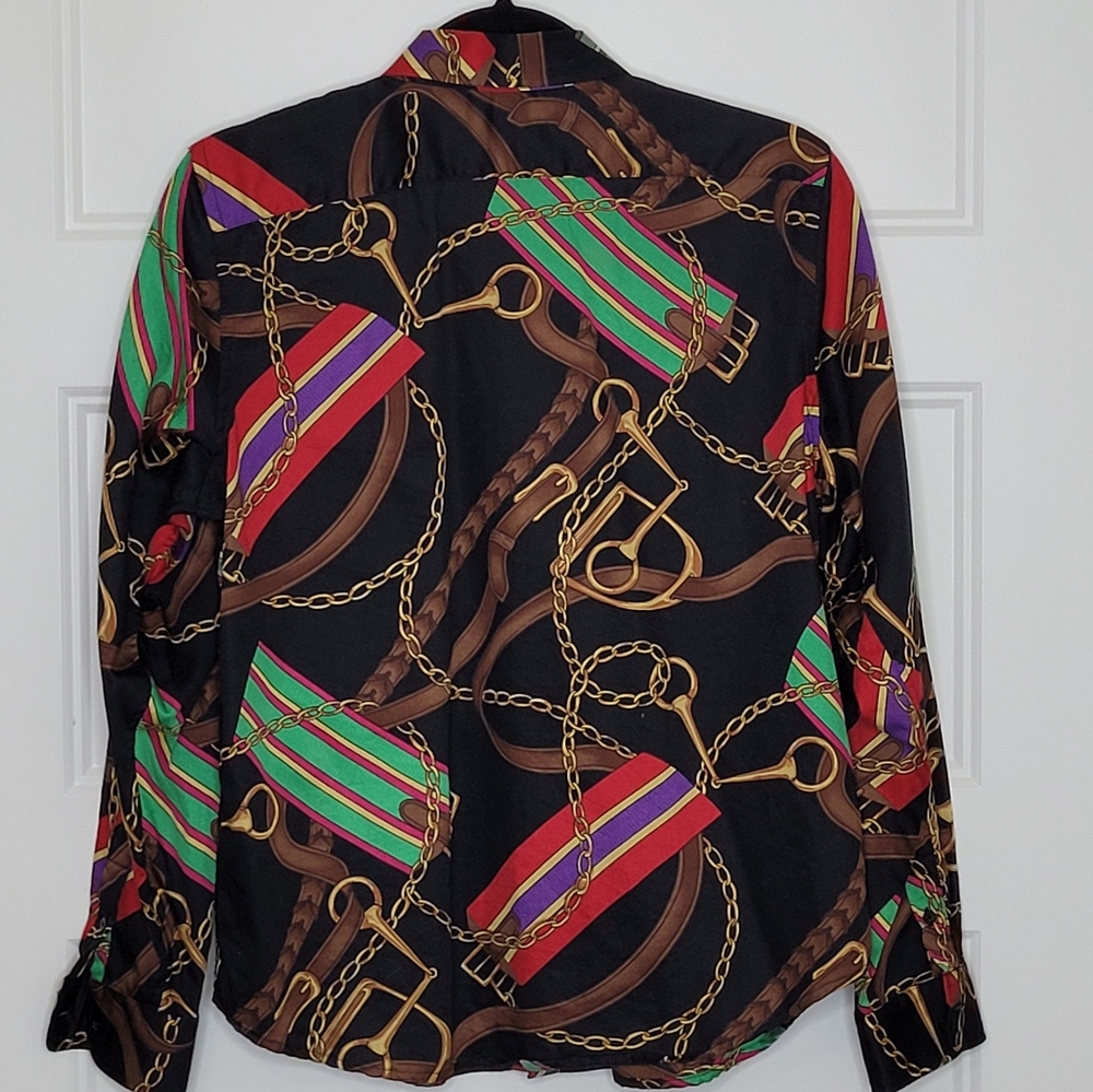 Lauren Ralph Lauren L Petite Black Horse Bit All Over Print Button Up Shirt - Picture 3 of 3
